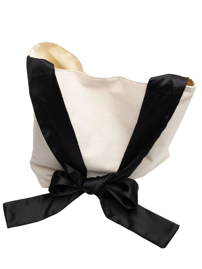 Women's Canvas tote purse bag with black satin bow handle