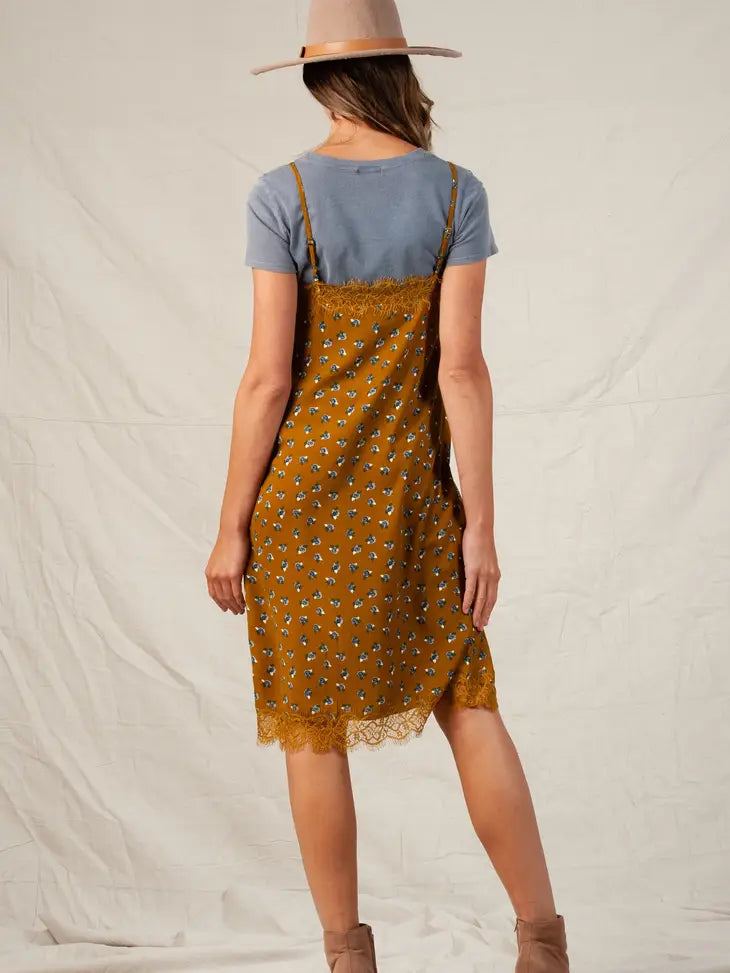 ASTRID DITSY SLIP DRESS-MUSTARD