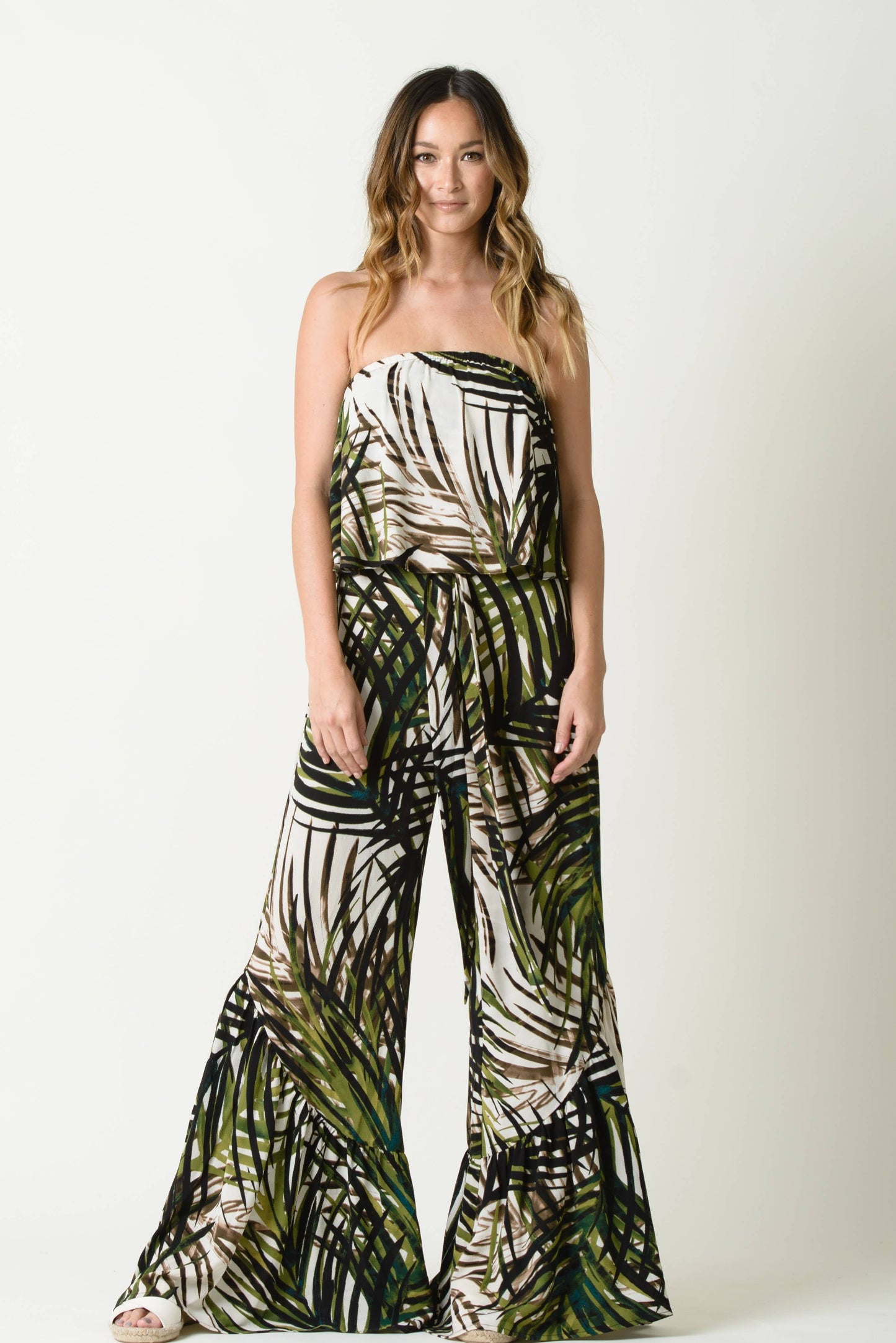 ALANA RUFFLE HEM WIDE LEG PANTS-PALM PRINT