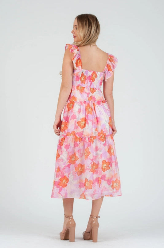 Women's Pink floral Print Smocked Midi Dress