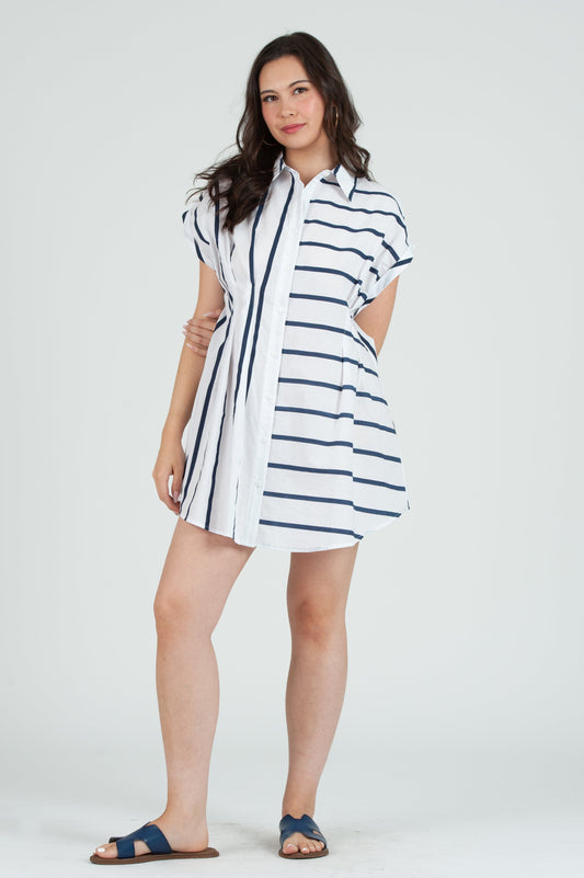 Women's Cotton Button Down Shirt Mini Dress in Stripes
