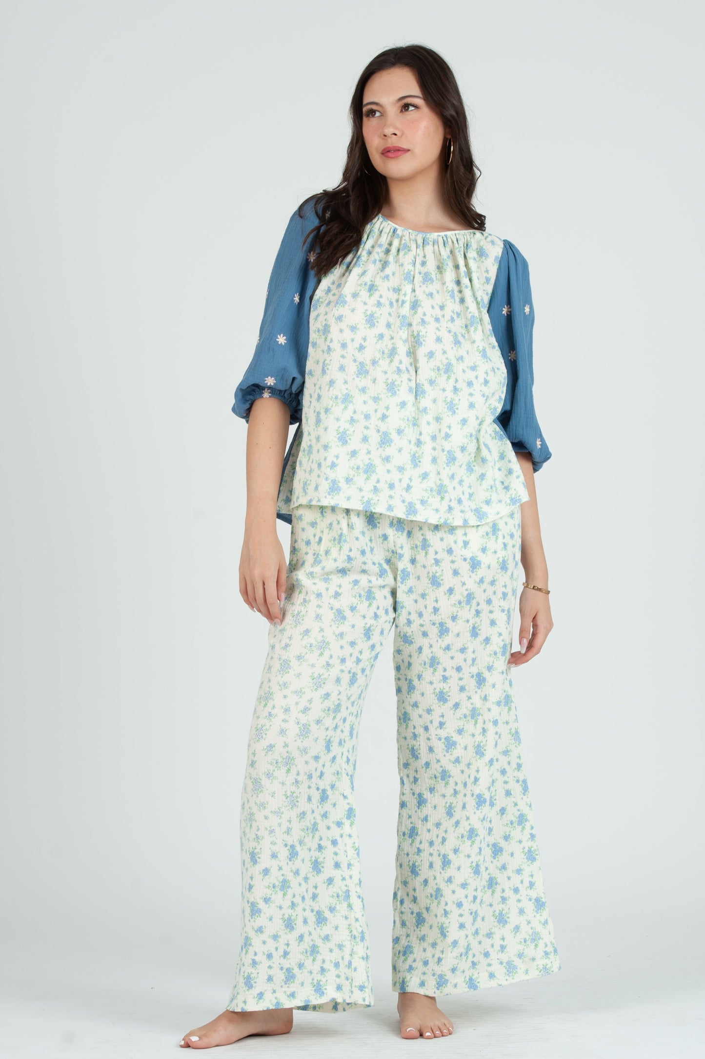 Women's Gauze Print Mix Blouse Top