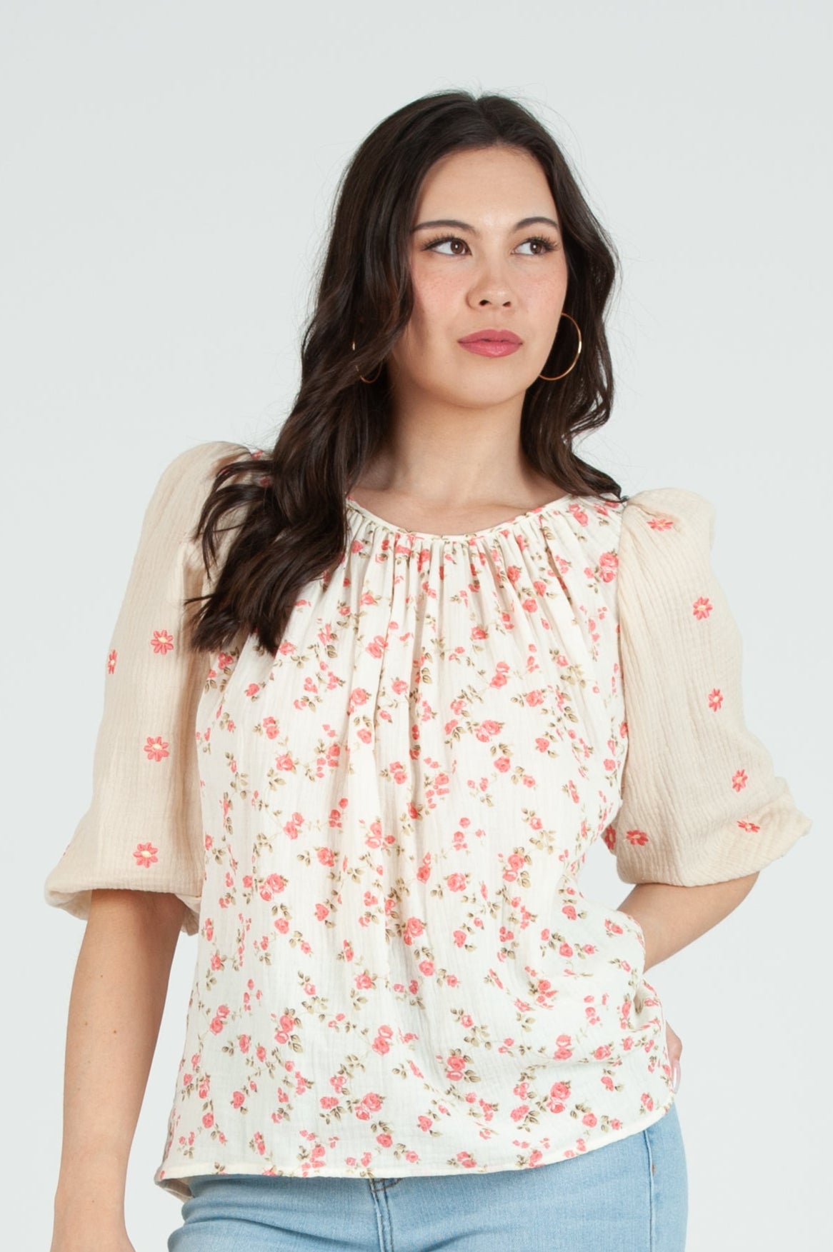 Women's Gauze Print Mix Blouse Top