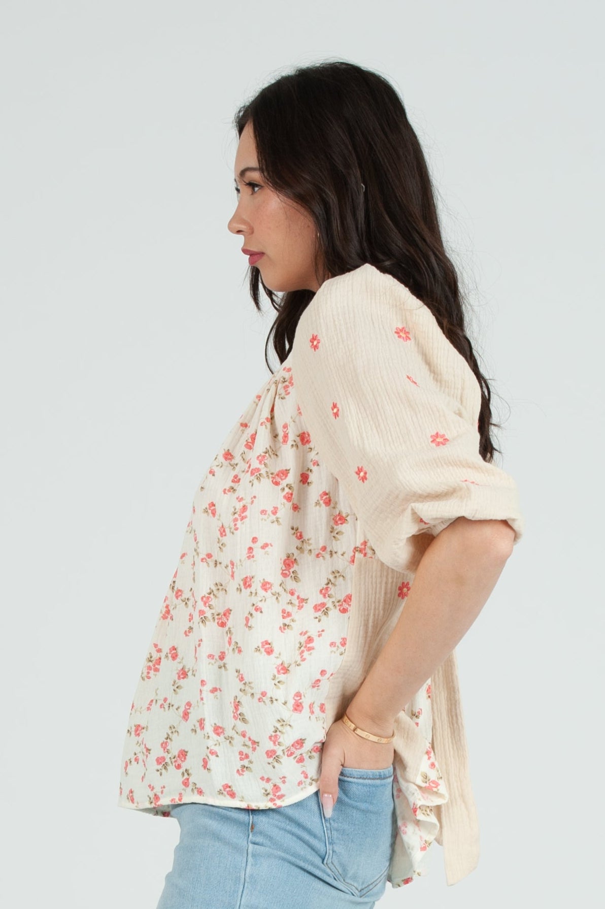 Women's Gauze Print Mix Blouse Top