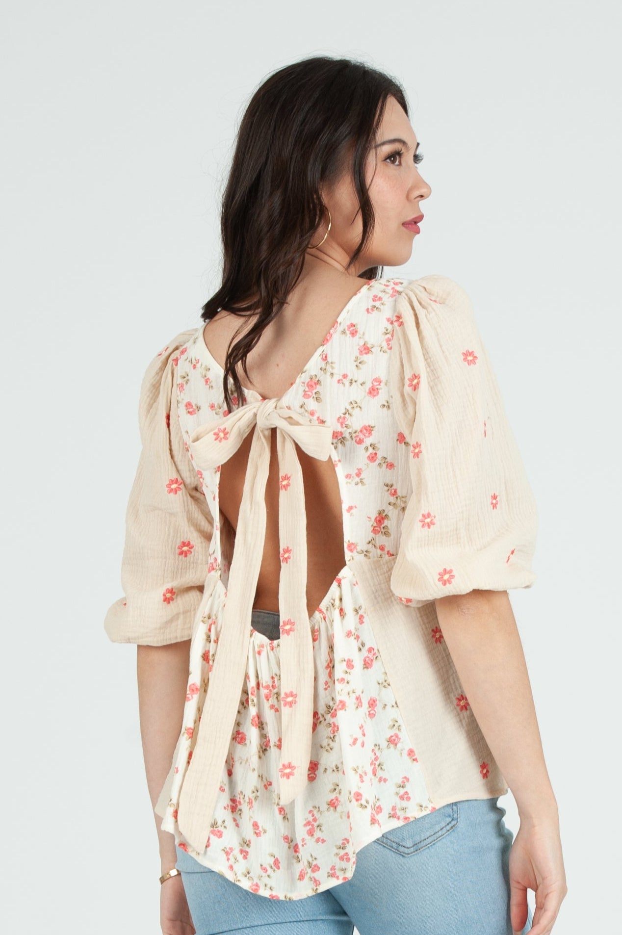 Women's Gauze Print Mix Blouse Top