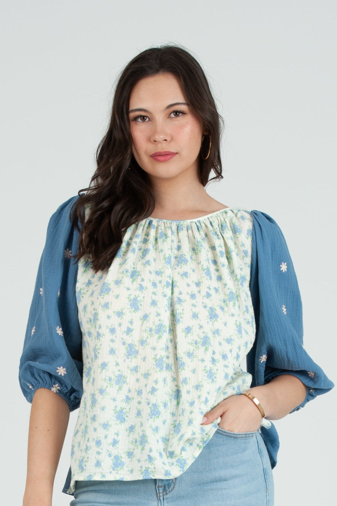 Women's Gauze Print Mix Blouse Top