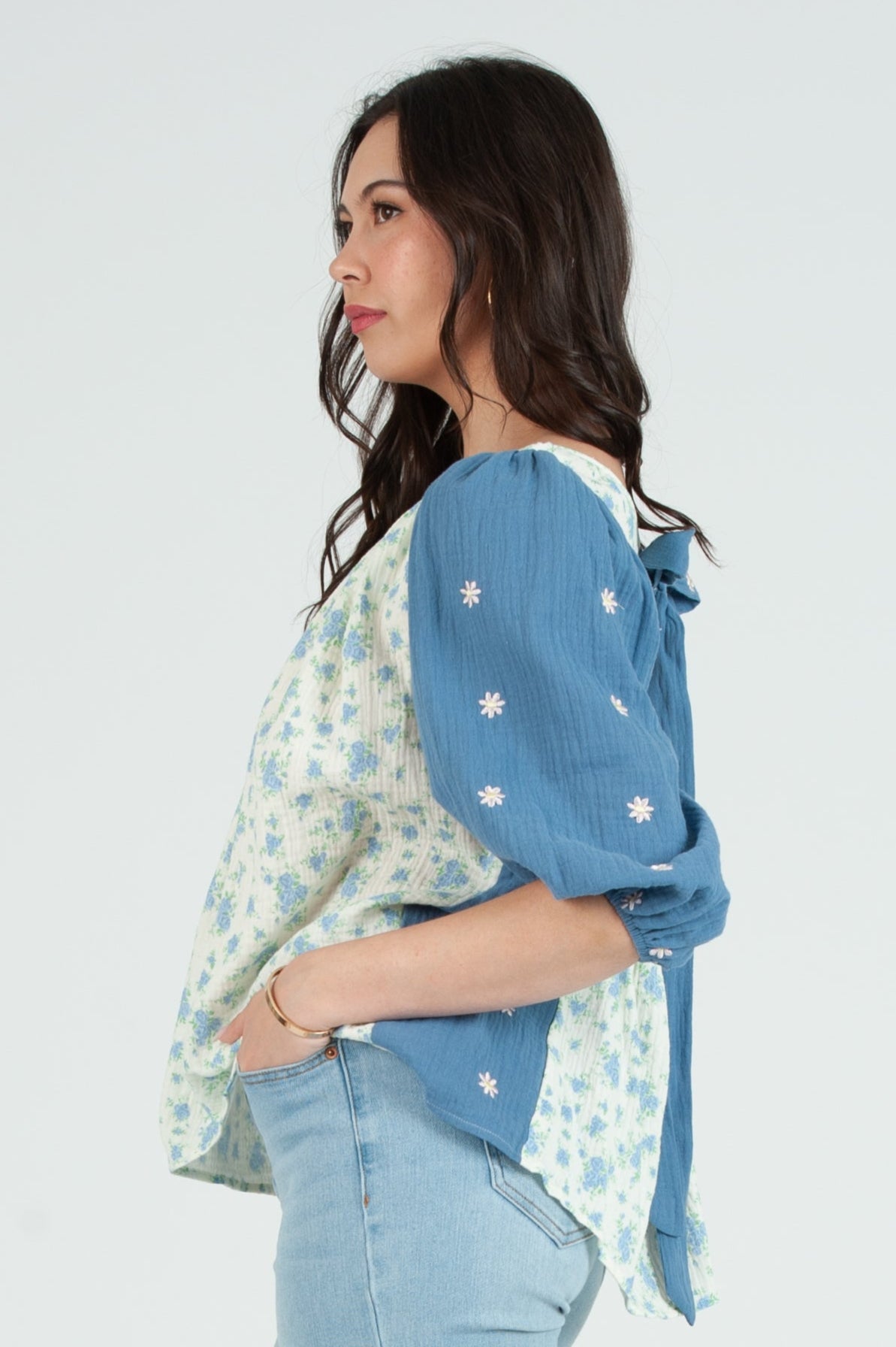 Women's Gauze Print Mix Blouse Top