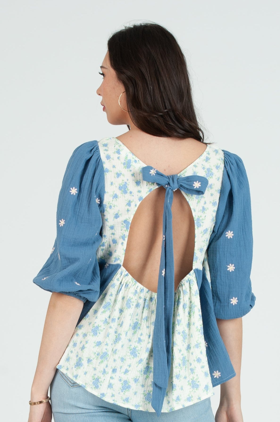 Women's Gauze Print Mix Blouse Top