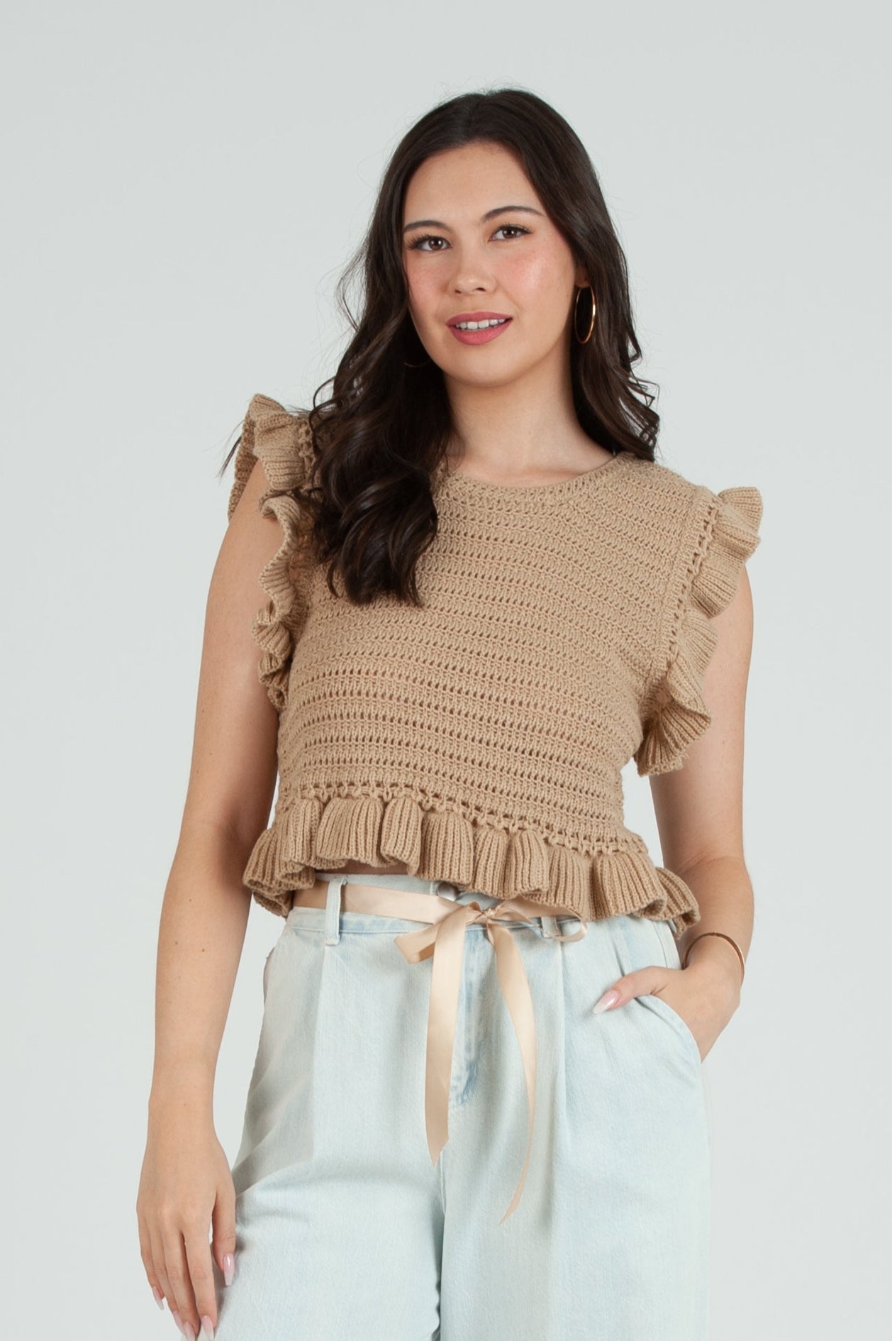 Women's Crochet Ruffle Sleeve Top