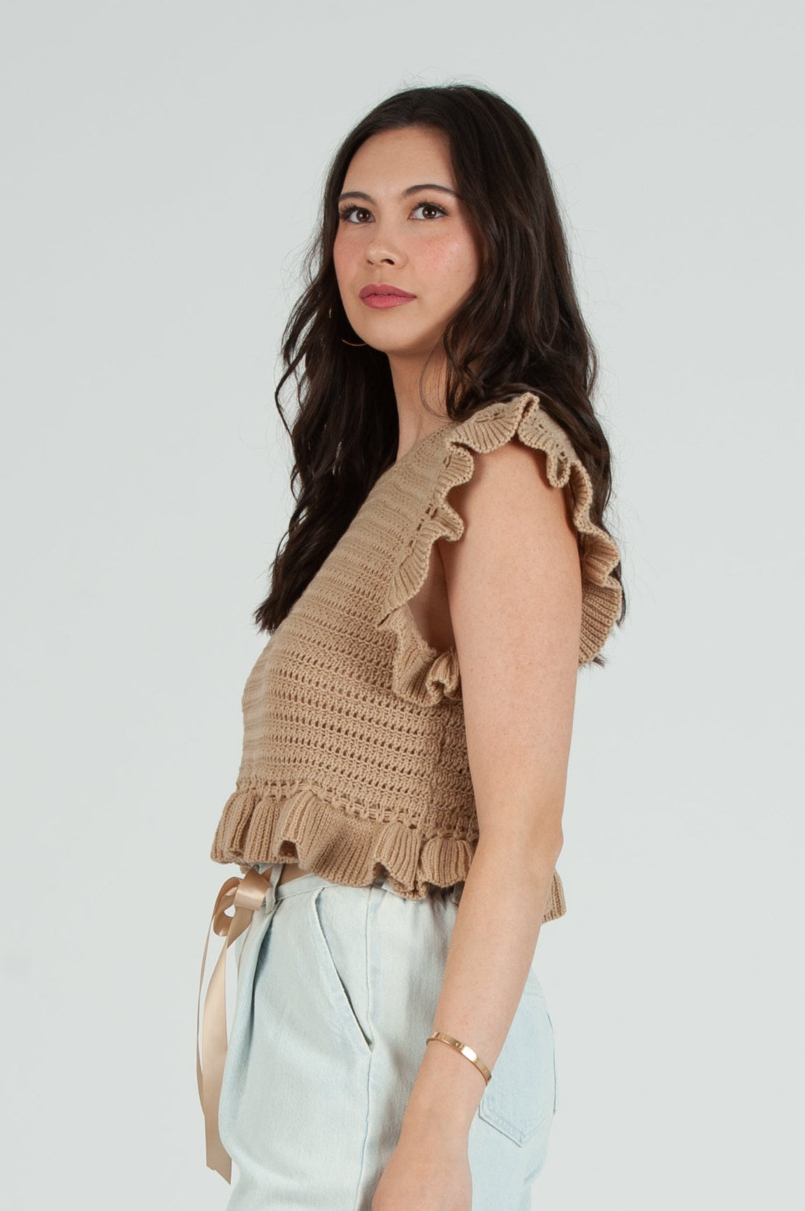 Women's Crochet Ruffle Sleeve Top