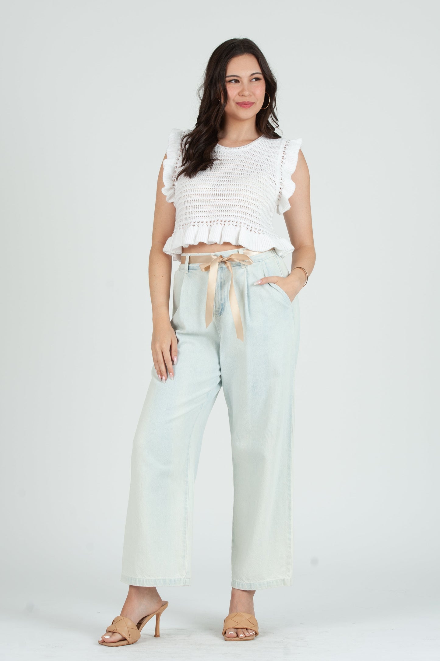 Women's Crochet Ruffle Sleeve Top