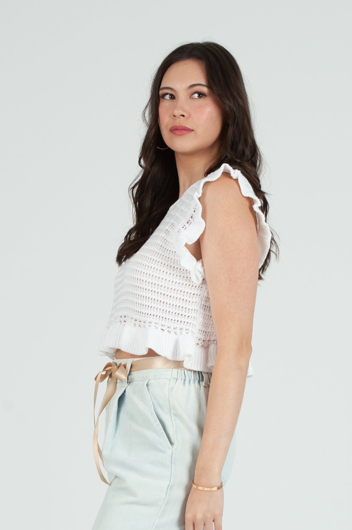 Women's Crochet Ruffle Sleeve Top