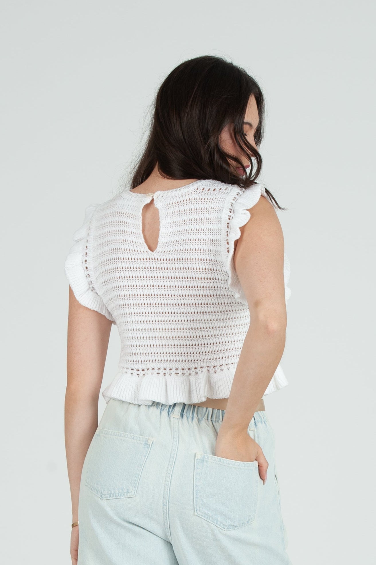Women's Crochet Ruffle Sleeve Top