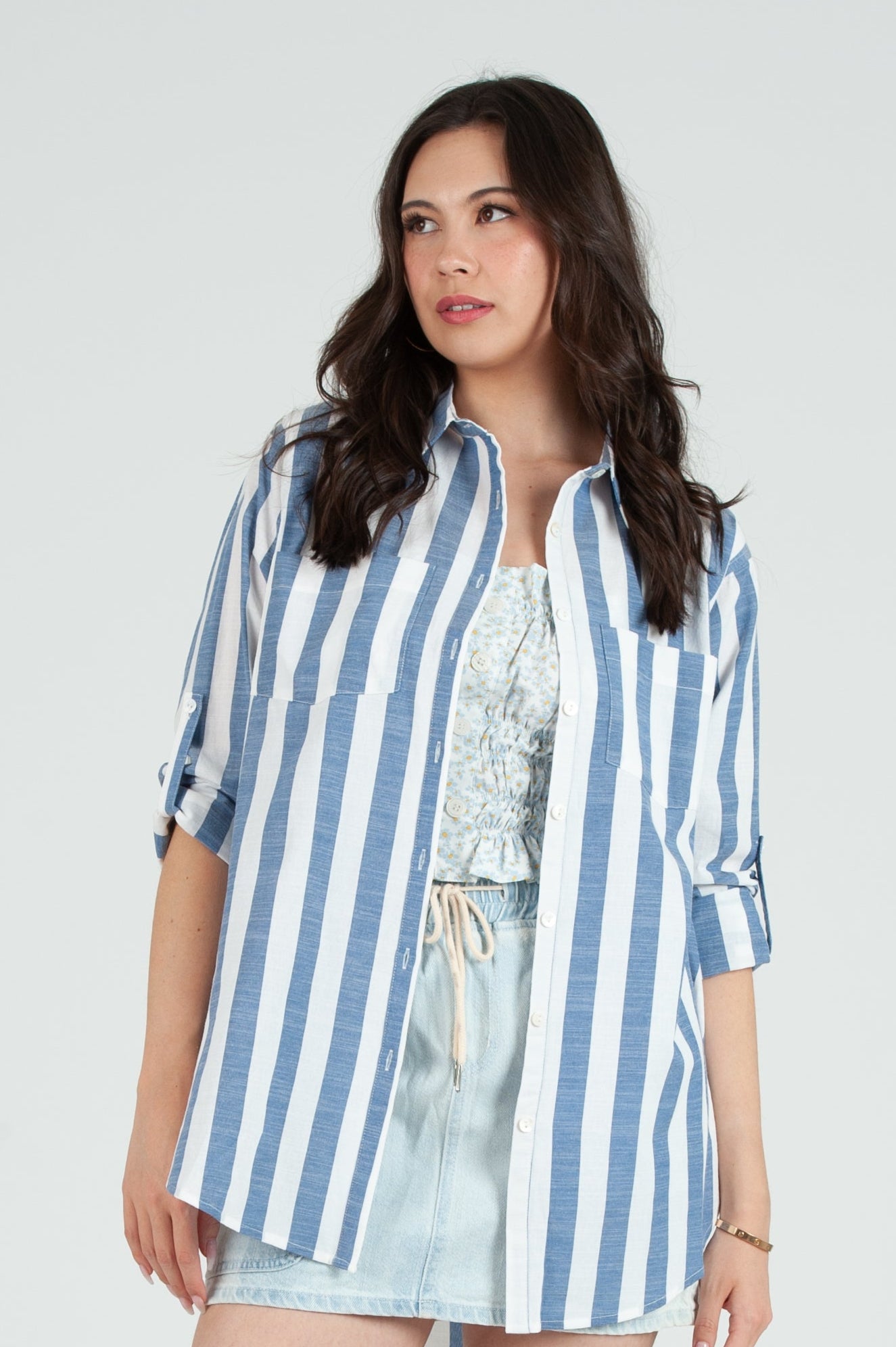 Women's Linen Striped Button Down Shirt S / BLUE Women's Linen Striped Button Down Shirt S / BLUE