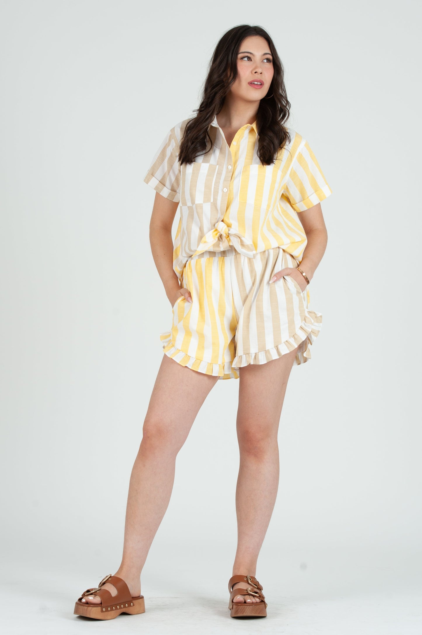 Women's Color Blocked Striped Button Down Short Sleeve Top