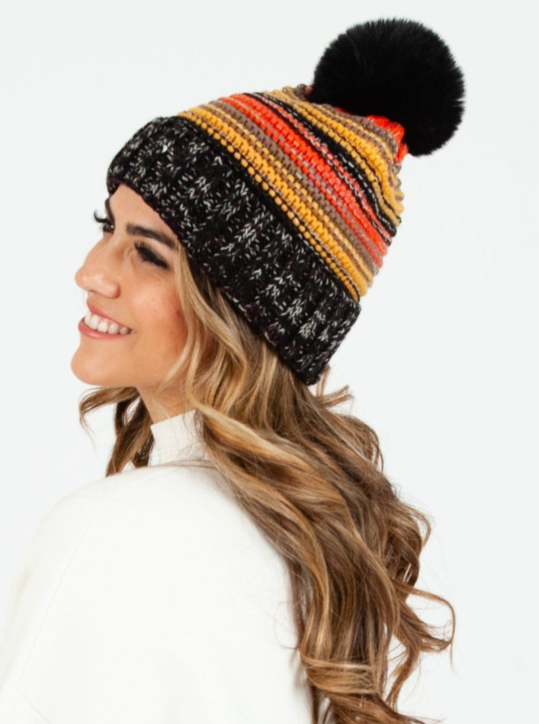 SHASTA MULTICOLORED STRIPED BEANIE-BLACK