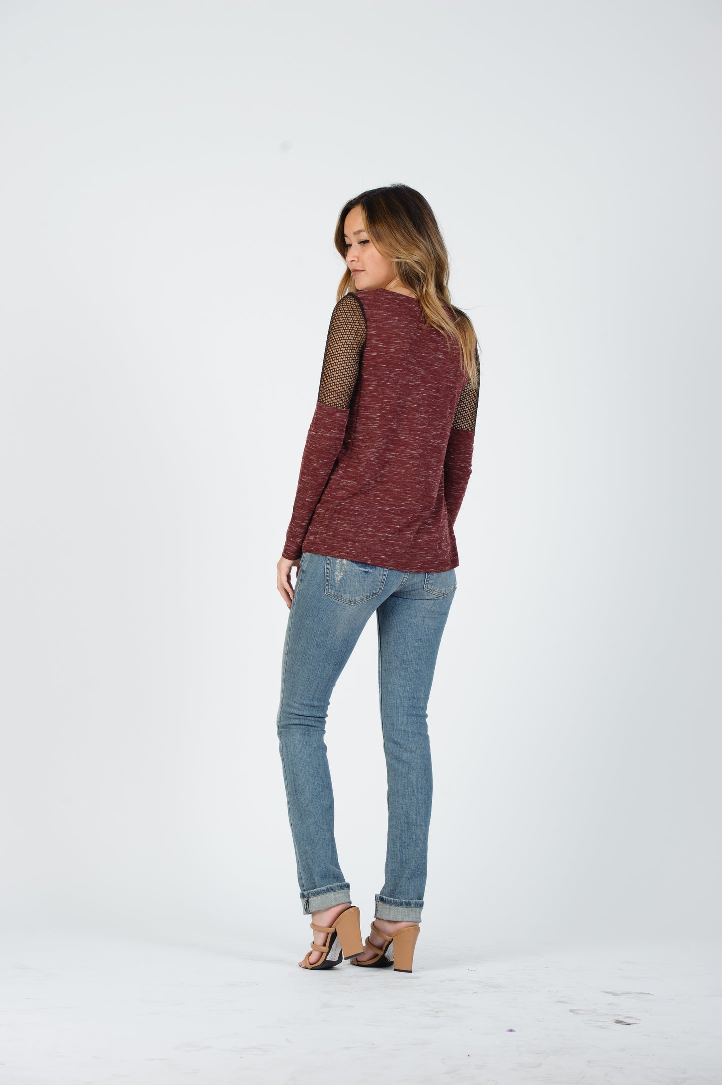 MARLED KNIT AND MESH TOP-MULBERRY