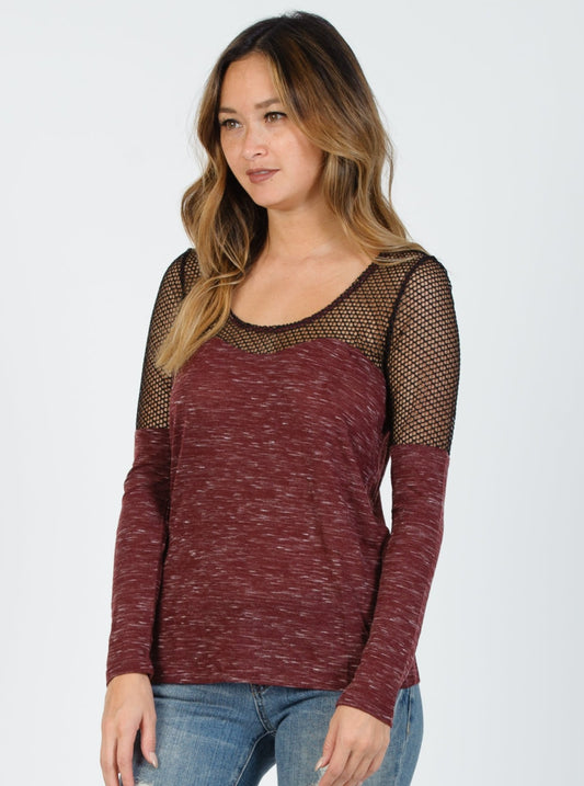 MARLED KNIT AND MESH TOP-MULBERRY