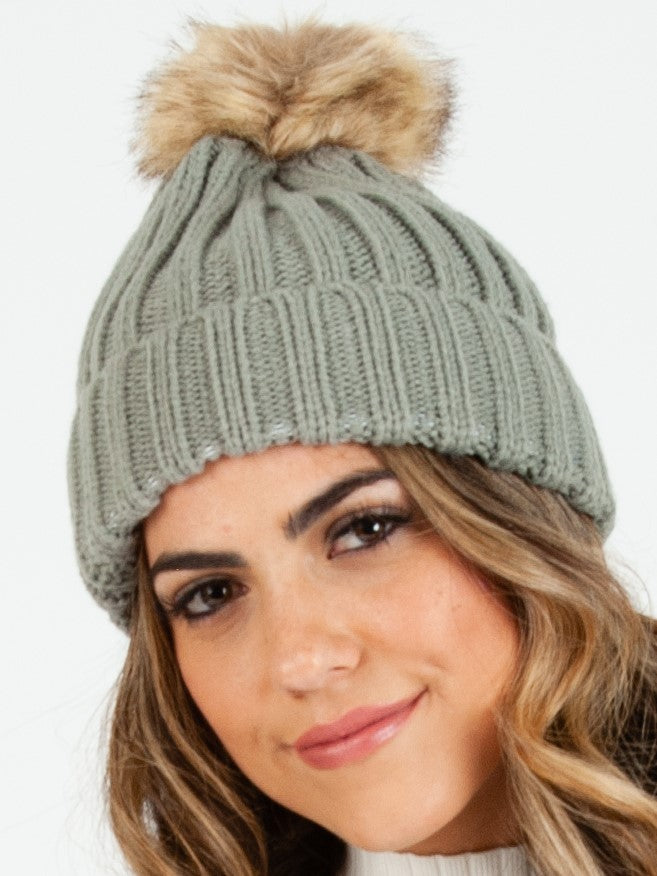 LINCOLN FUR POM BEANIE-GRAY
