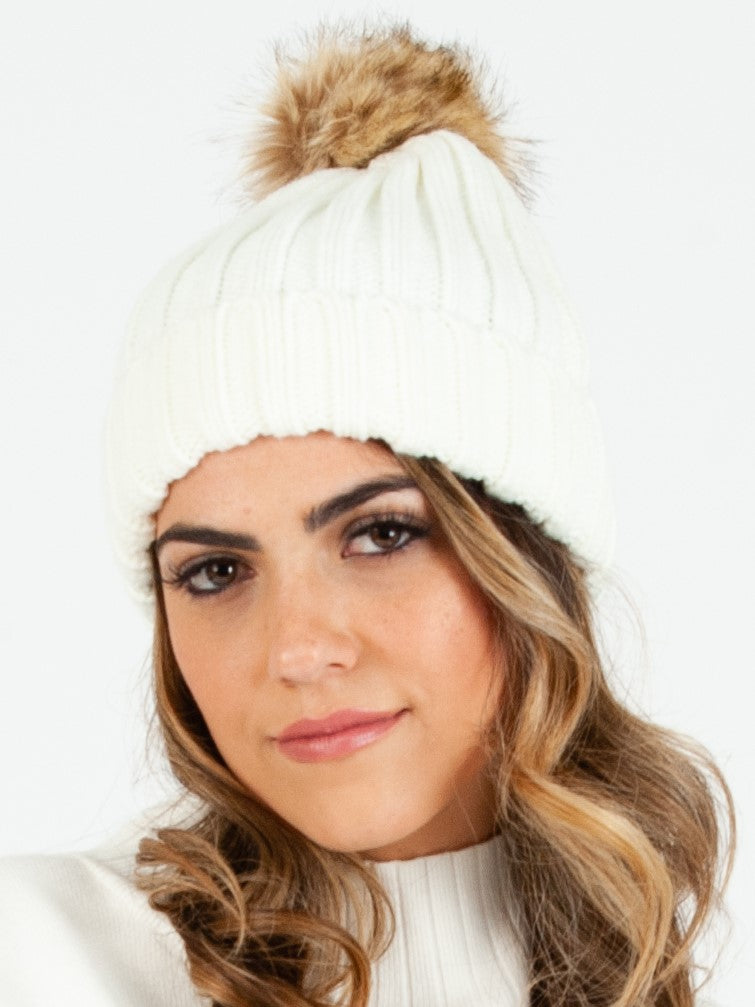 LINCOLN FUR POM BEANIE-WHITE