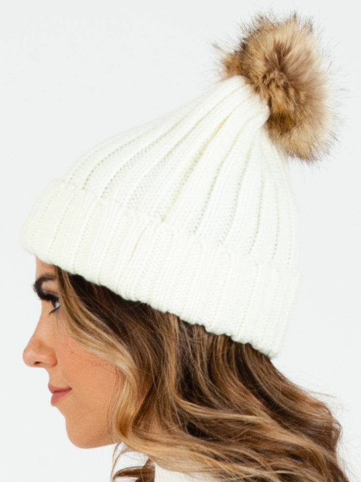 LINCOLN FUR POM BEANIE-WHITE