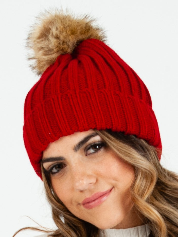 LINCOLN FUR POM BEANIE-RED