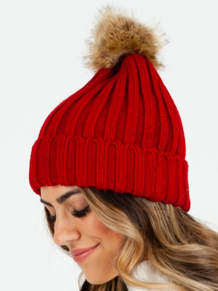 LINCOLN FUR POM BEANIE-RED