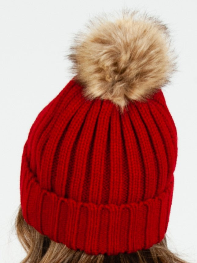 LINCOLN FUR POM BEANIE-RED
