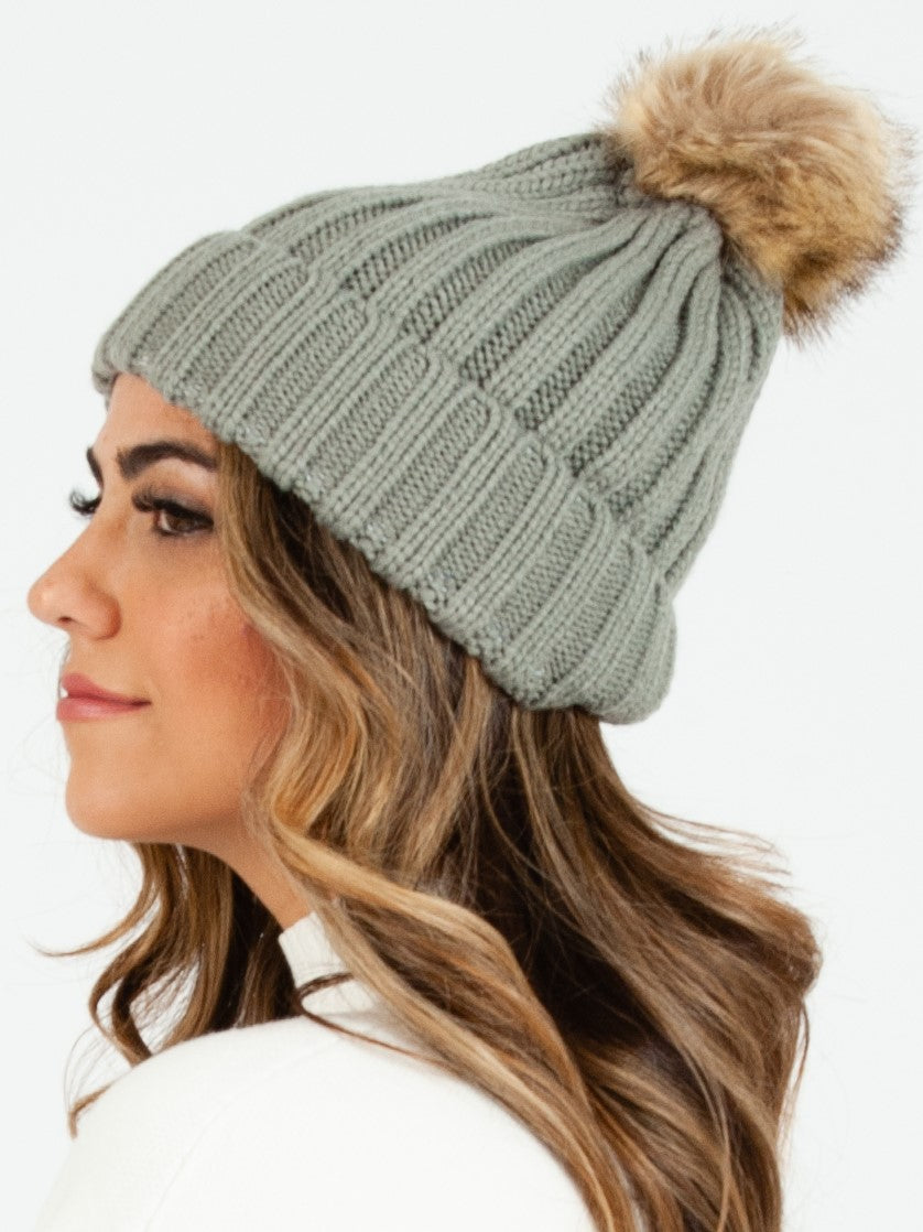 LINCOLN FUR POM BEANIE-GRAY