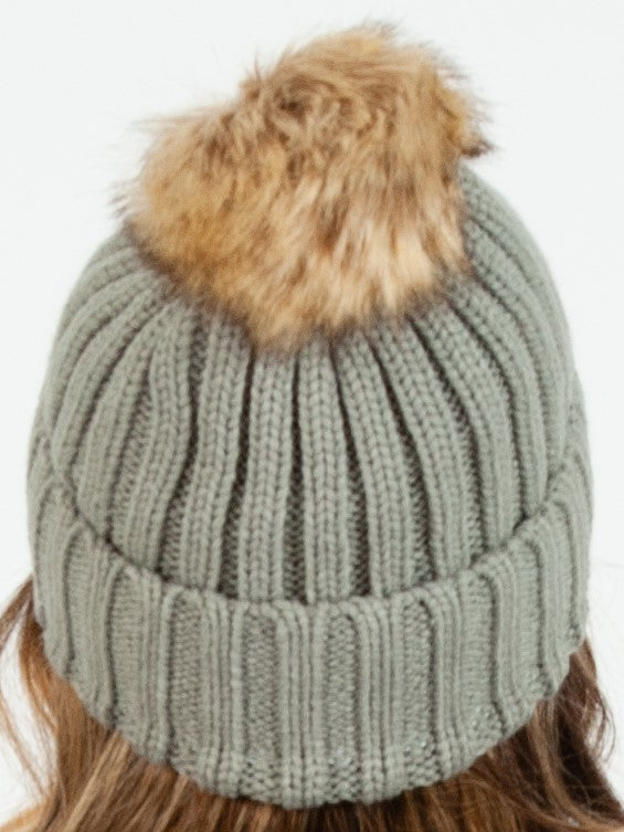 LINCOLN FUR POM BEANIE-GRAY