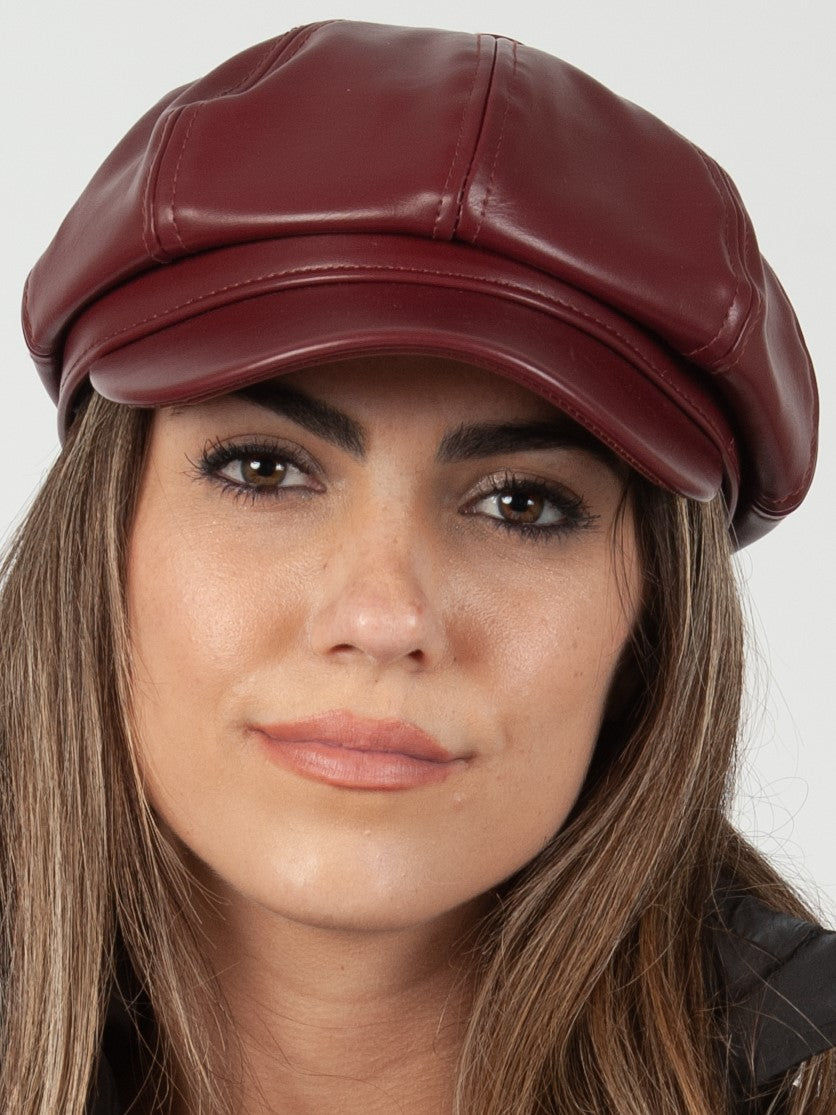 ALEX FAUX LEATHER NEWSIE CAP-RED