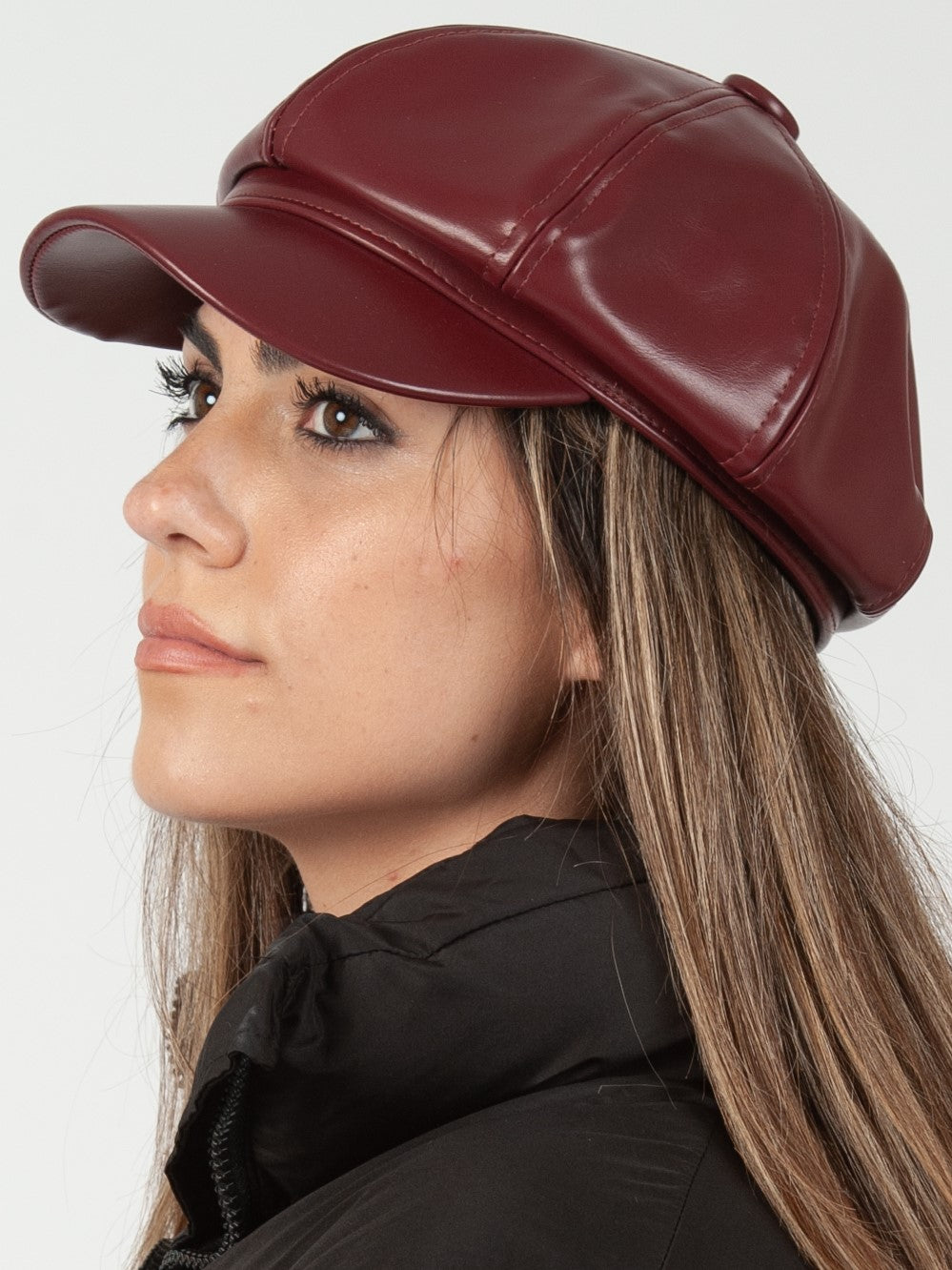 ALEX FAUX LEATHER NEWSIE CAP-RED