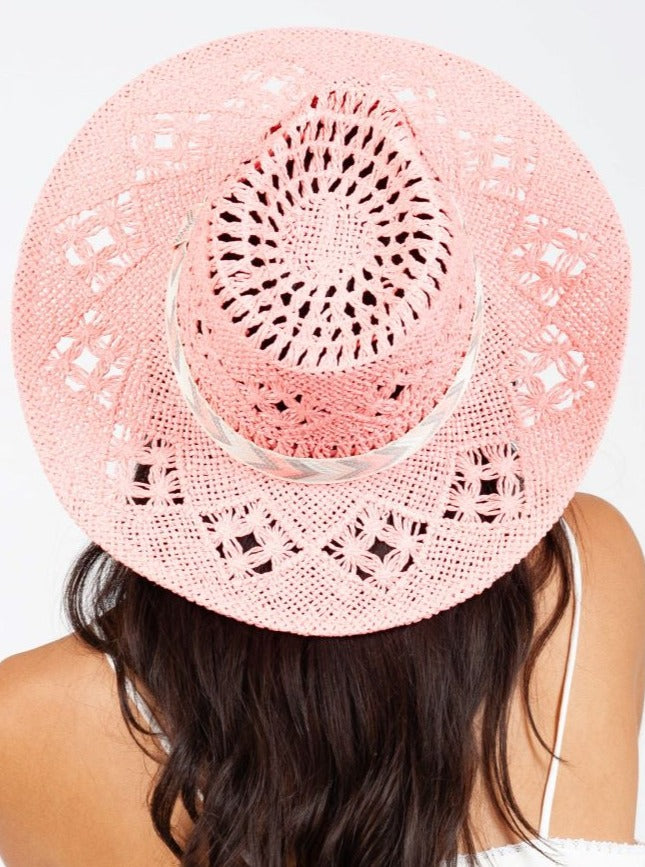 CLARABELLE STRAW FEDORA HAT-PINK