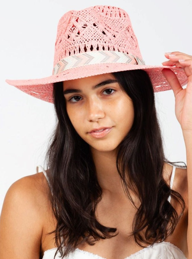 CLARABELLE STRAW FEDORA HAT-PINK