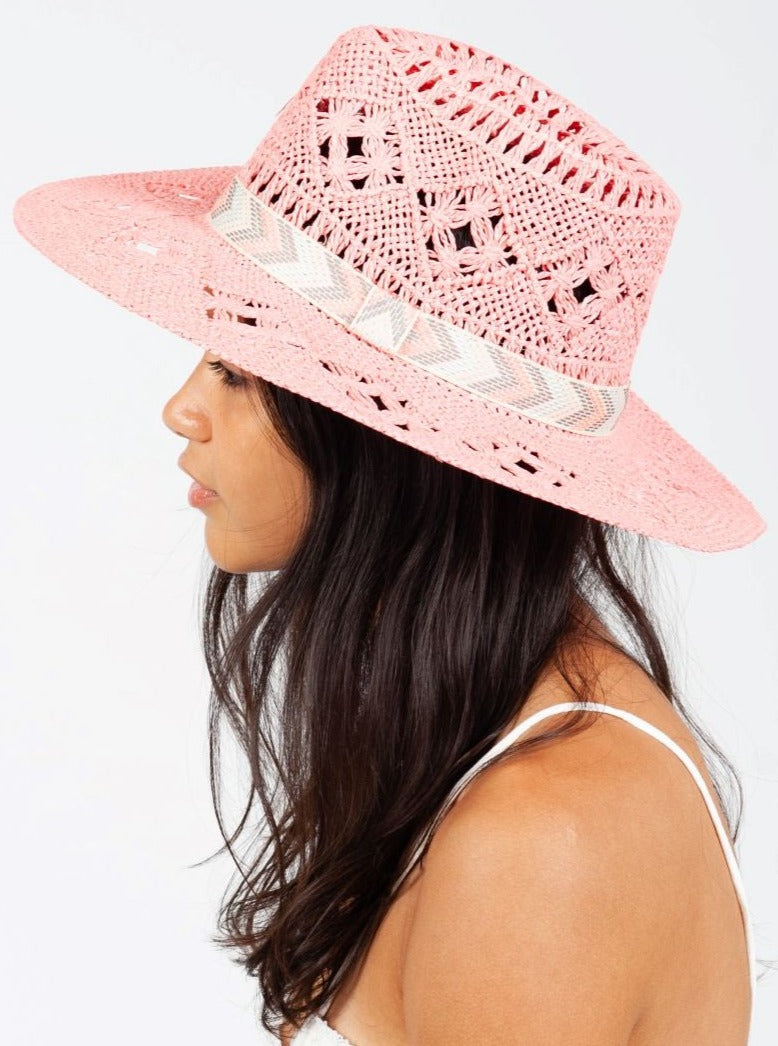 CLARABELLE STRAW FEDORA HAT-PINK