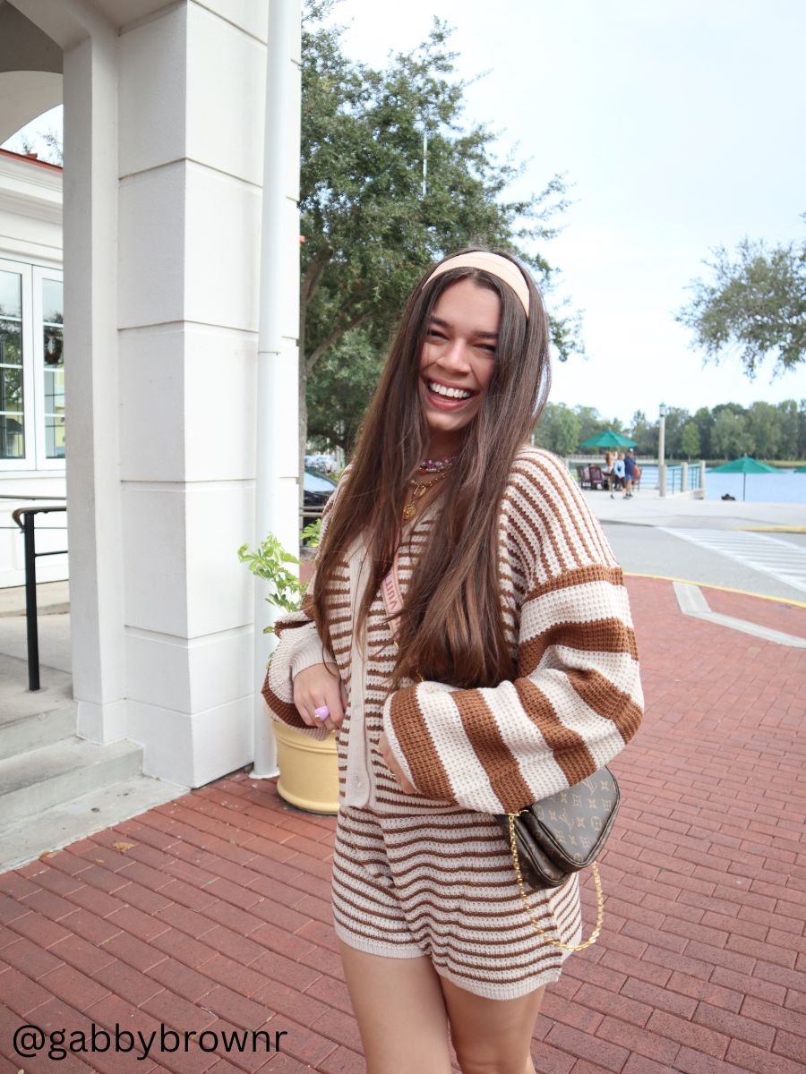 Women's Striped Knit Cardigan & Sweater Shorts Set