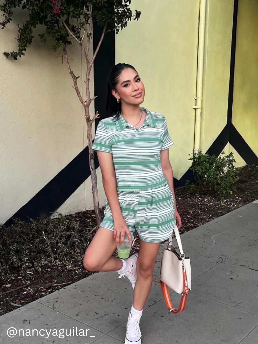 Women's Green Striped French Terry Sports Top & Shorts Set