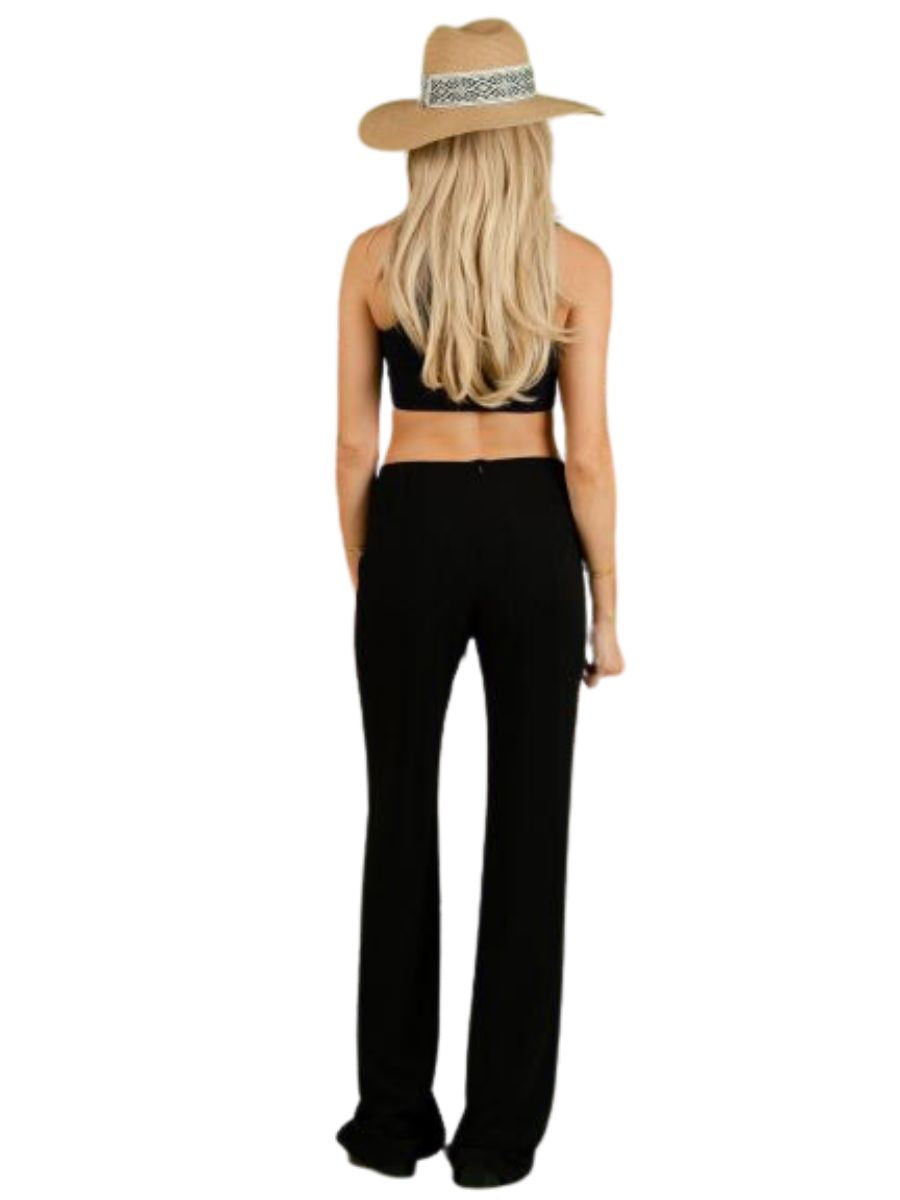 KENNA LACE FRONT FLARE PANTS-BLACK