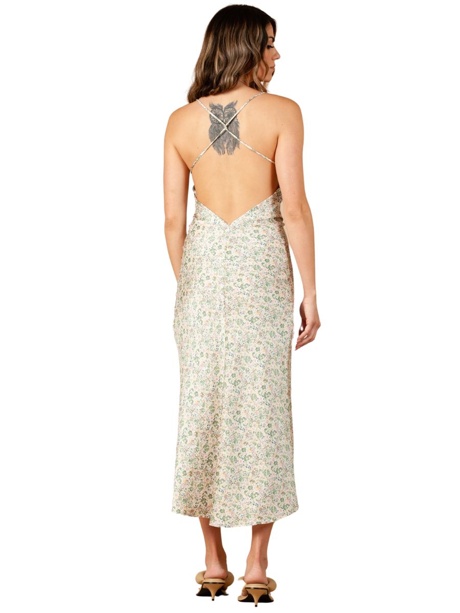 FREESIA SATIN SLIP DRESS-GREEN FLORAL
