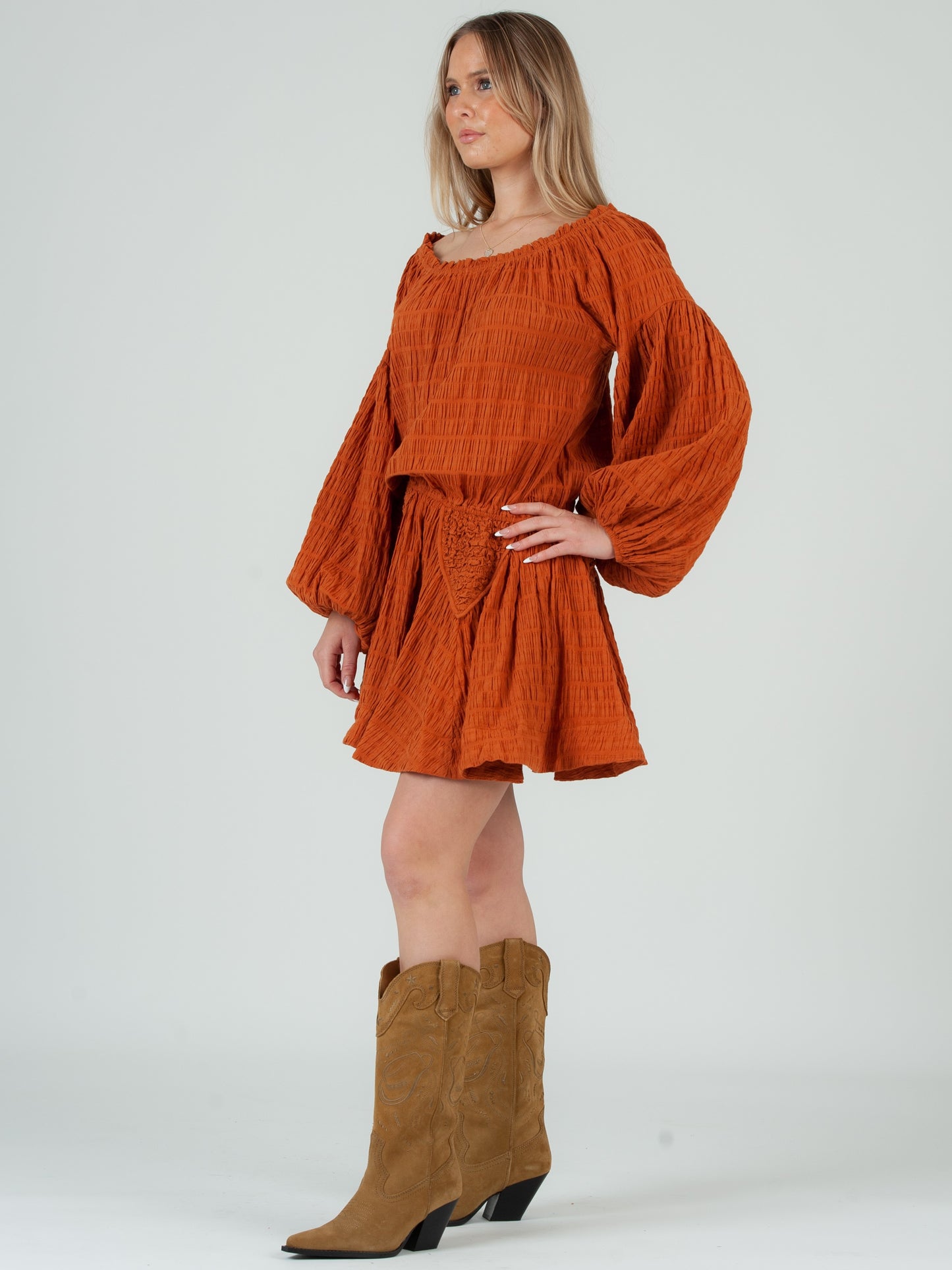 ORANGE OFF THE SHOULDER DRESS