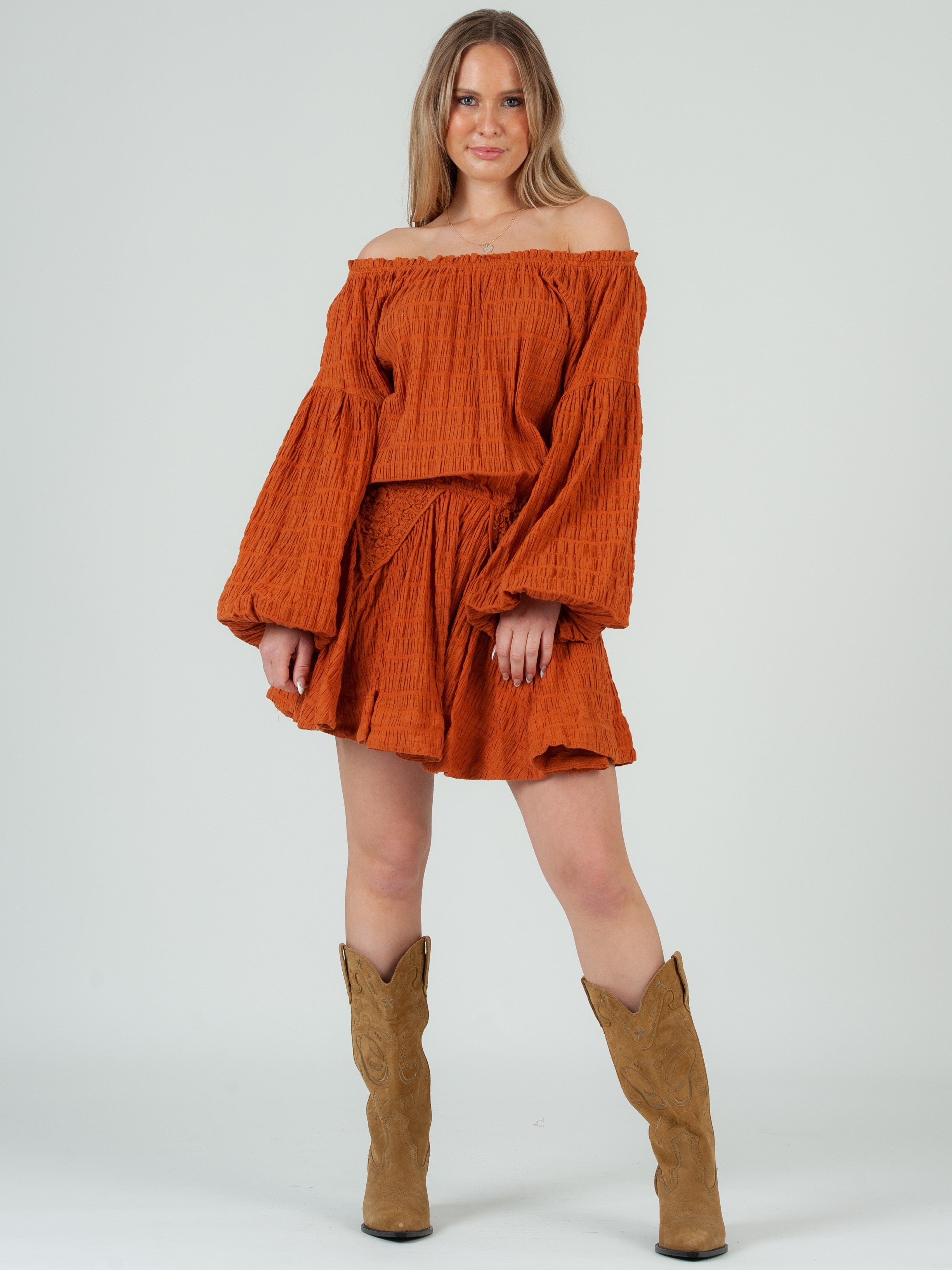 Off the shoulder rust dress online