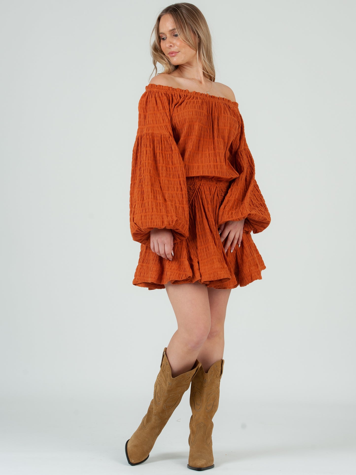 ORANGE OFF THE SHOULDER DRESS