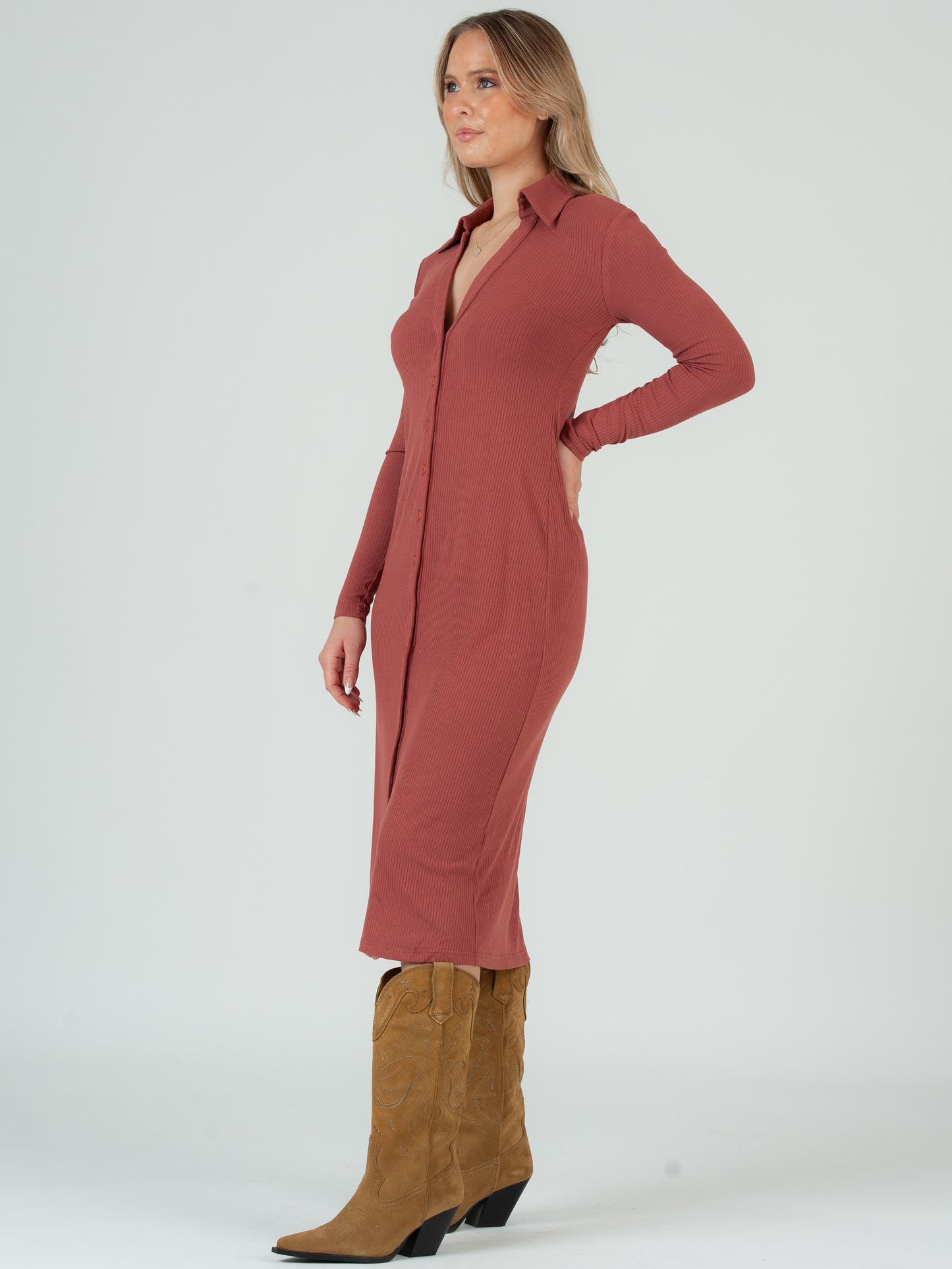 Women's Knit Ribbed Collar Button Down Midi Dress