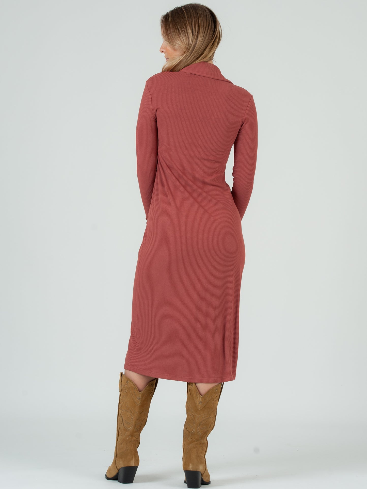 Women's Knit Ribbed Collar Button Down Midi Dress
