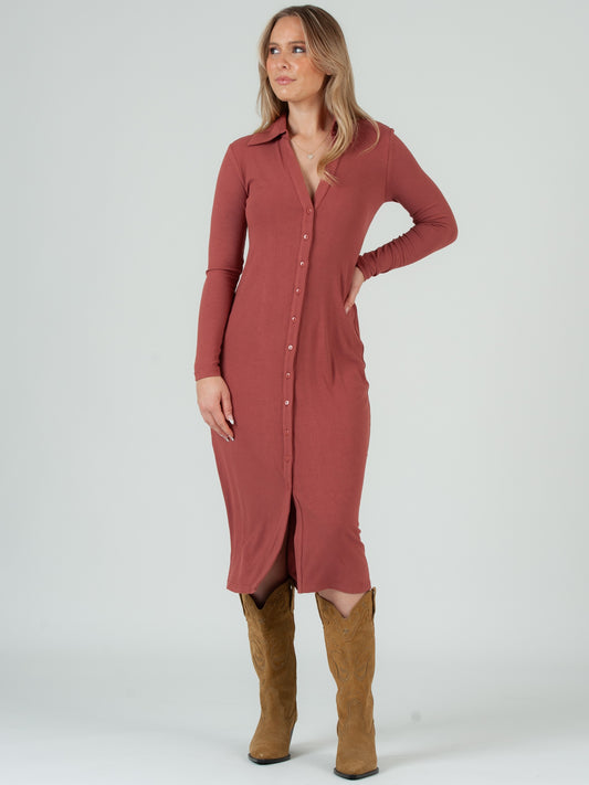 Women's Knit Ribbed Collar Button Down Midi Dress