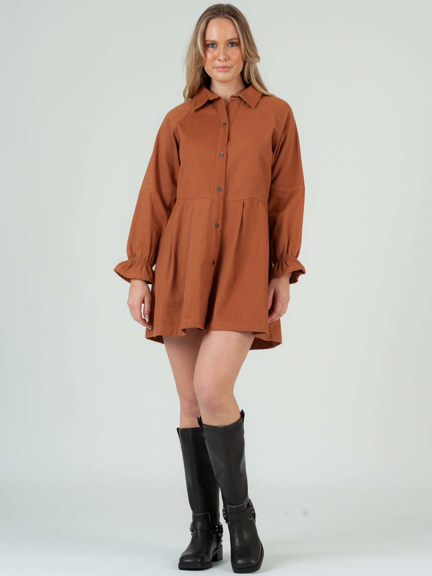 Women's Twill Long Sleeve Button Down Mini Dress