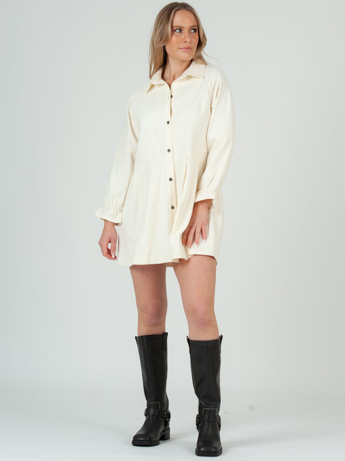 Women's Twill Long Sleeve Button Down Mini Dress