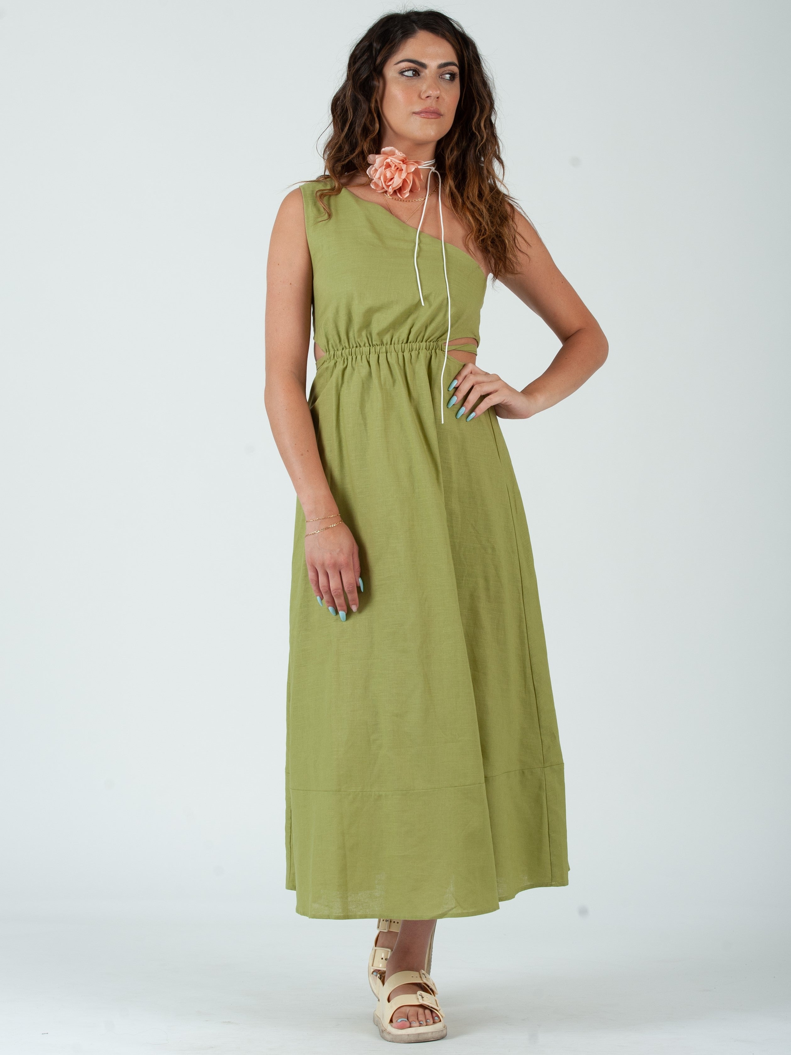 linen one shoulder midi dress Azure One-Shoulder Midi Dress