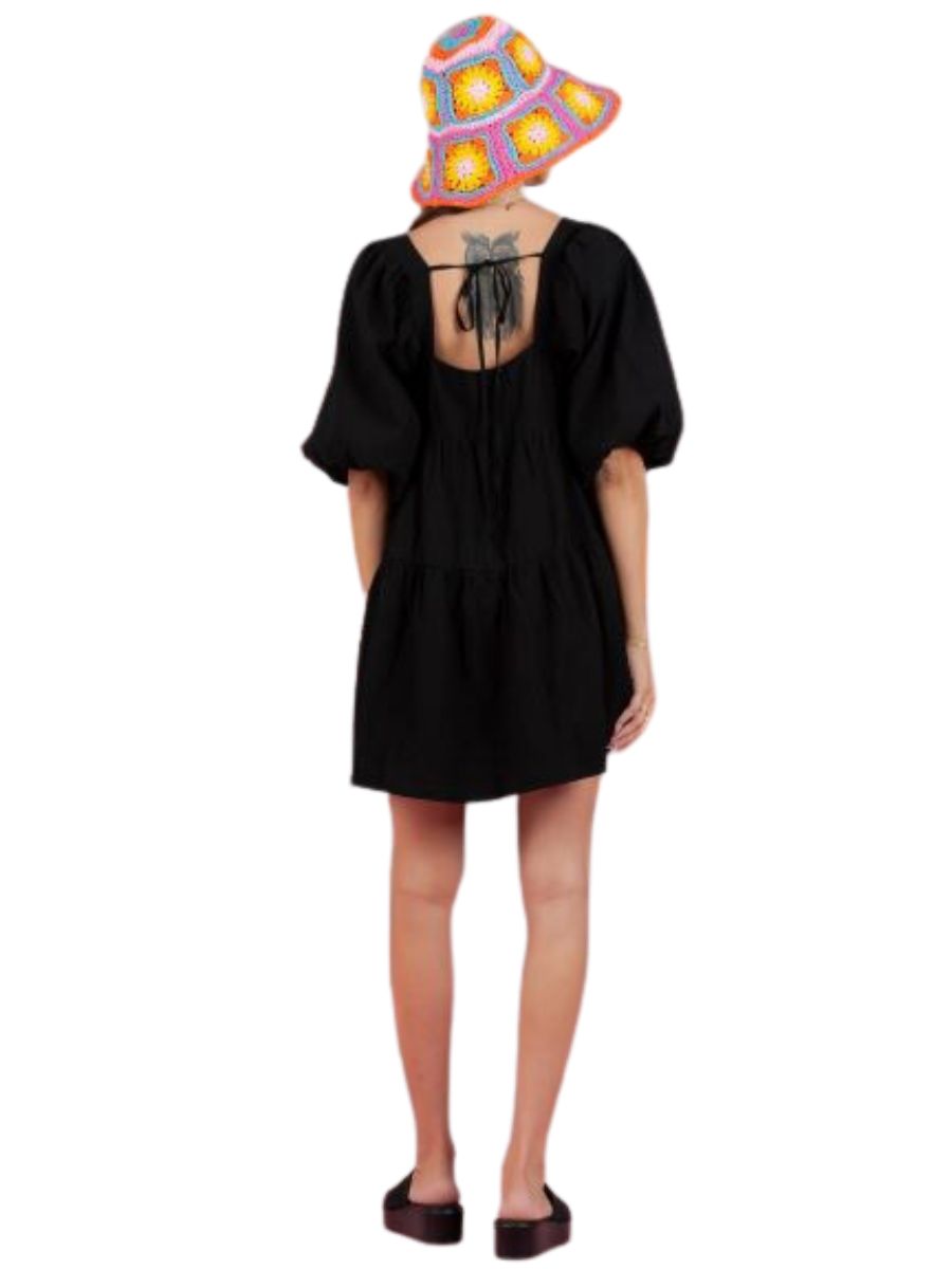 JEAN PUFF SLEEVE BABYDOLL DRESS-BLACK