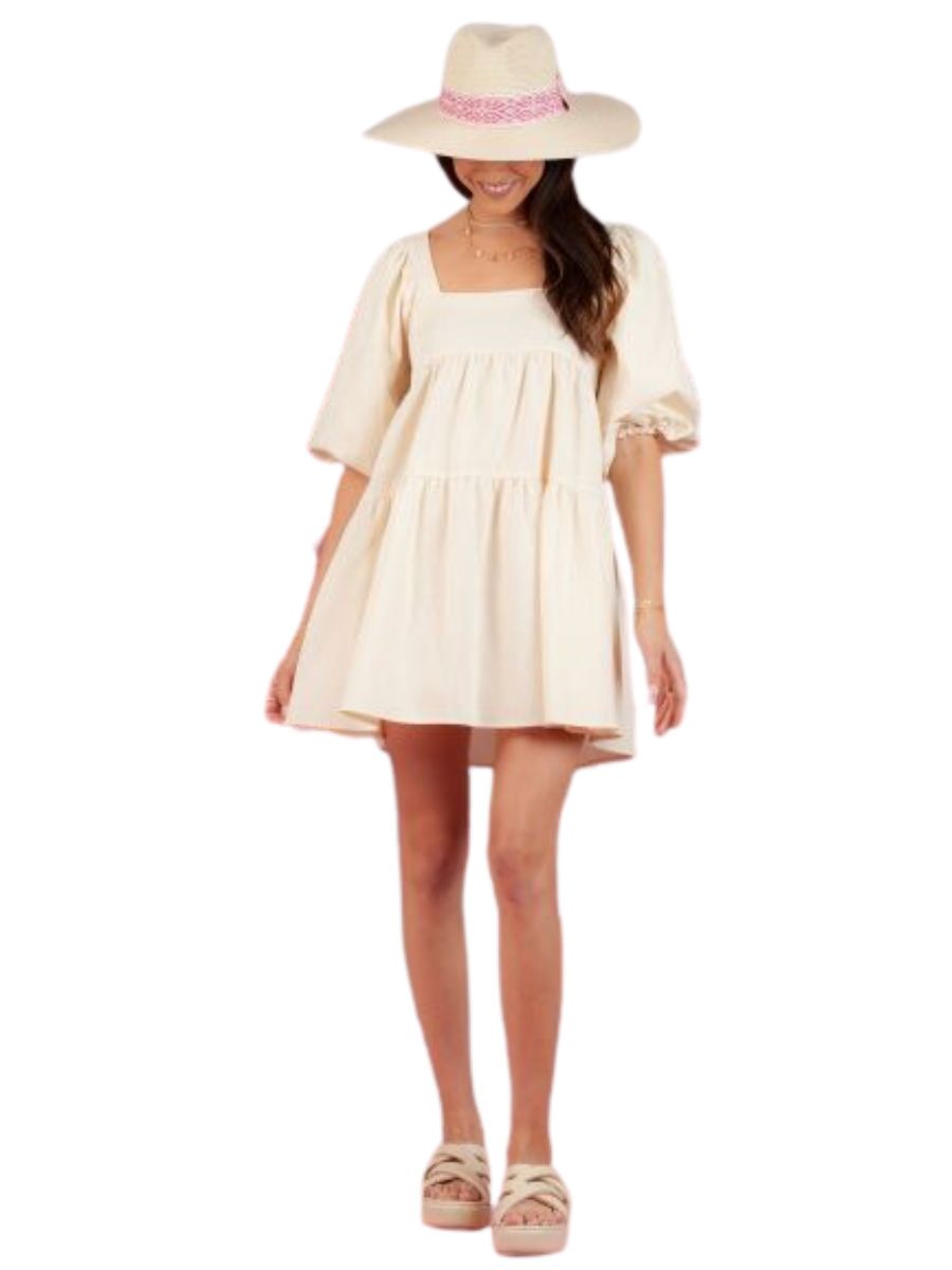 JEAN PUFF SLEEVE BABYDOLL DRESS-VANILLA S JEAN PUFF SLEEVE BABYDOLL DRESS-VANILLA S